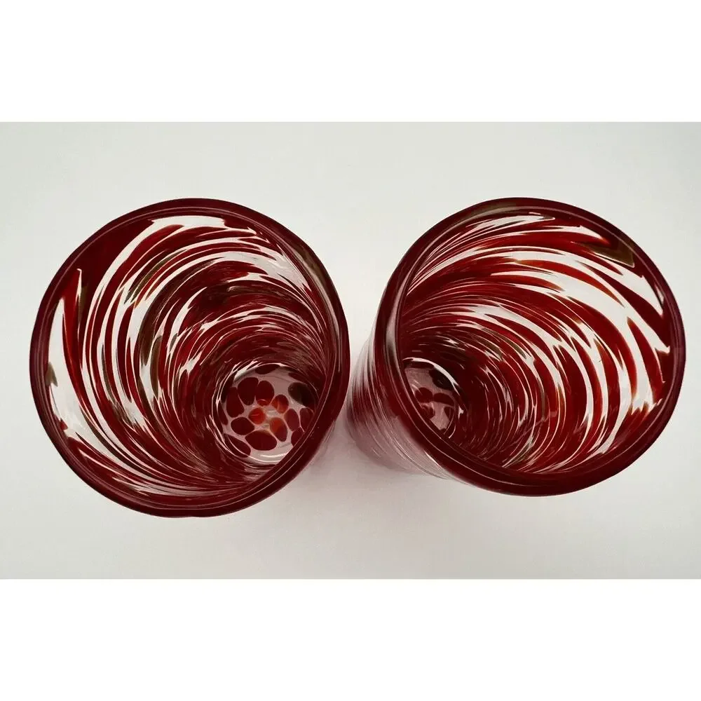 Hand Blown 7” Art Glass Drinking Glasses Vase Red & Gold Confetti Ribbon Swirl